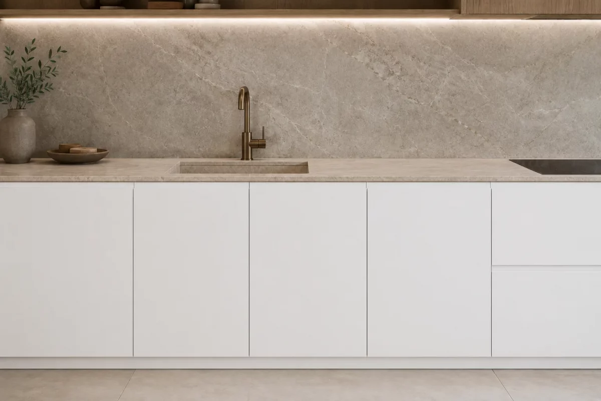 Frontal de cocina con encimera de porcelánico