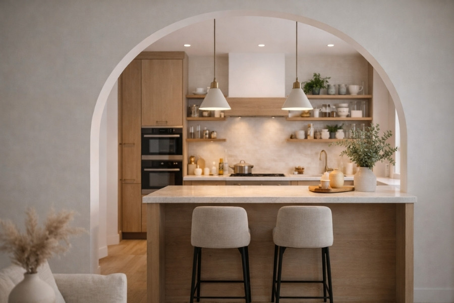 Cocina con arco y barra