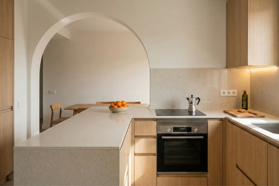 Cocina con arco y barra en cocina pequeña